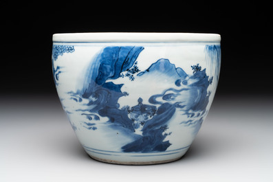 A Chinese blue and white 'Wen Wang Fang Xian 文王訪賢' scroll pot, Transitional period