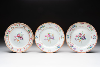 A set of nine Chinese famille rose Lowestoft-style plates, Qianlong