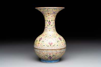 A Chinese famille rose 'flower scroll' vase-shaped box and cover, Qianlong mark, 19th C.