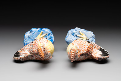 A pair of Chinese polychrome-glazed models of roosters, 18/19th C.