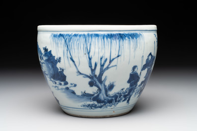 A Chinese blue and white 'Wen Wang Fang Xian 文王訪賢' scroll pot, Transitional period