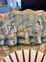 A chinoiserie folding fan, watercolour on paper and bone, France, early 19th C.