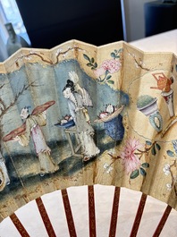 A chinoiserie folding fan, watercolour on paper and bone, France, early 19th C.