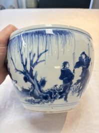 A Chinese blue and white 'Wen Wang Fang Xian 文王訪賢' scroll pot, Transitional period