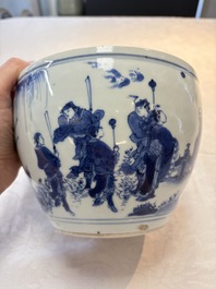 A Chinese blue and white 'Wen Wang Fang Xian 文王訪賢' scroll pot, Transitional period