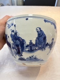 A Chinese blue and white 'Wen Wang Fang Xian 文王訪賢' scroll pot, Transitional period