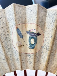 A chinoiserie folding fan, watercolour on paper and bone, France, early 19th C.