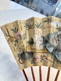 A chinoiserie folding fan, watercolour on paper and bone, France, early 19th C.