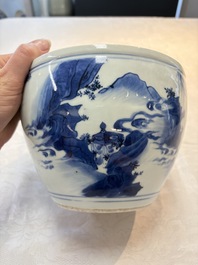 A Chinese blue and white 'Wen Wang Fang Xian 文王訪賢' scroll pot, Transitional period
