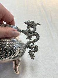 A Vietnamese or Chinese silver tripod censer and cover, 19/20th C.