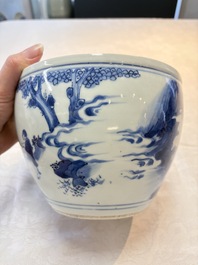 A Chinese blue and white 'Wen Wang Fang Xian 文王訪賢' scroll pot, Transitional period