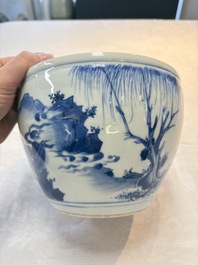A Chinese blue and white 'Wen Wang Fang Xian 文王訪賢' scroll pot, Transitional period