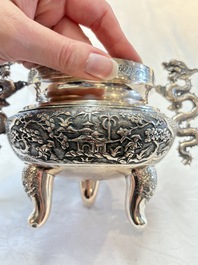 A Vietnamese or Chinese silver tripod censer and cover, 19/20th C.