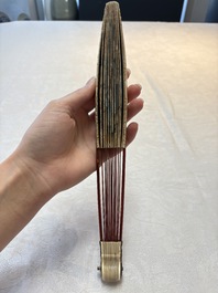 A chinoiserie folding fan, watercolour on paper and bone, France, early 19th C.