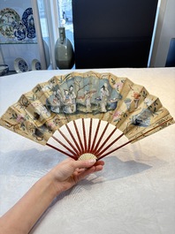 A chinoiserie folding fan, watercolour on paper and bone, France, early 19th C.