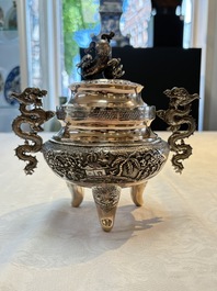 A Vietnamese or Chinese silver tripod censer and cover, 19/20th C.