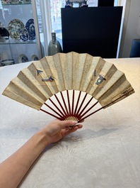 A chinoiserie folding fan, watercolour on paper and bone, France, early 19th C.