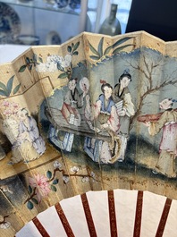 A chinoiserie folding fan, watercolour on paper and bone, France, early 19th C.