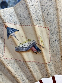 A chinoiserie folding fan, watercolour on paper and bone, France, early 19th C.
