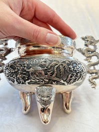 A Vietnamese or Chinese silver tripod censer and cover, 19/20th C.