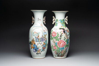 Two Chinese famille rose vases and a hexagonal hat stand, signed Qun Yi Hua Guan 群益畫館, Li Quanchang 李詮昌 and Cai Yun Xuan 彩雲軒, 19/20th C.