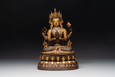 A Tibetan or Nepalese turquoise-inlaid partly-gilt bronze figure of White Tara, 20th C.