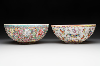 A Chinese coral red-ground vase, a famille rose eggshell vase and two bowls, Qianlong mark, 20th C.