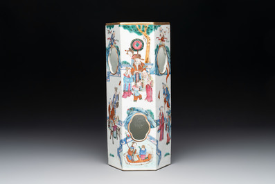 A Chinese famille rose hexagonal hat stand with narrative design, Tongzhi mark and of the period