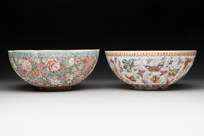 A Chinese coral red-ground vase, a famille rose eggshell vase and two bowls, Qianlong mark, 20th C.