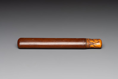 A varied collection of eight Japanese netsukes and a wooden case, signed Daimyo 大明, Hinode 日出 and Chikusen 竹仙, 19th C.