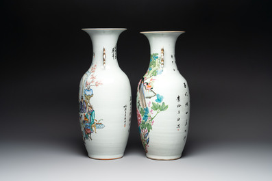 Two Chinese famille rose vases and a hexagonal hat stand, signed Qun Yi Hua Guan 群益畫館, Li Quanchang 李詮昌 and Cai Yun Xuan 彩雲軒, 19/20th C.