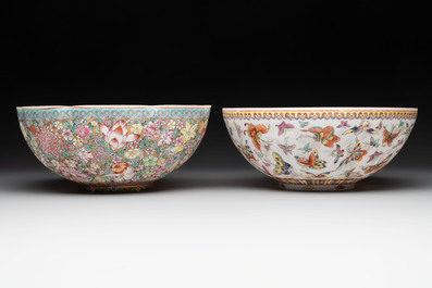 A Chinese coral red-ground vase, a famille rose eggshell vase and two bowls, Qianlong mark, 20th C.