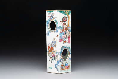 A Chinese famille rose hexagonal hat stand with narrative design, Tongzhi mark and of the period