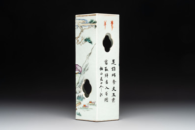 Two Chinese famille rose vases and a hexagonal hat stand, signed Qun Yi Hua Guan 群益畫館, Li Quanchang 李詮昌 and Cai Yun Xuan 彩雲軒, 19/20th C.