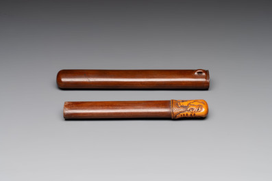 A varied collection of eight Japanese netsukes and a wooden case, signed Daimyo 大明, Hinode 日出 and Chikusen 竹仙, 19th C.