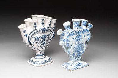 Two blue and white Delftware tulip vases, The Netherlands and France, 18/19th C.