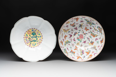 A Chinese coral red-ground vase, a famille rose eggshell vase and two bowls, Qianlong mark, 20th C.