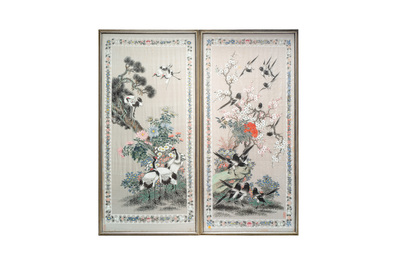 Four Chinese school paintings: 'Magpie', 'Cranes' and 'Bamboo', ink and colour on paper, signed Yutianshi 雨田氏, dated 1919