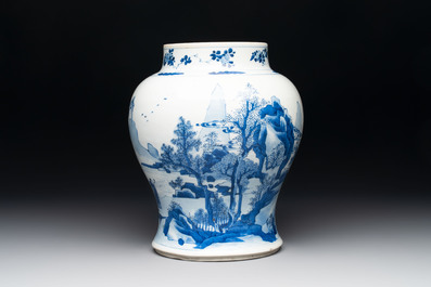 A Chinese blue and white vase with four sages in a mountainous landscape, Kangxi