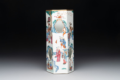 A Chinese famille rose hexagonal hat stand with narrative design, Tongzhi mark and of the period