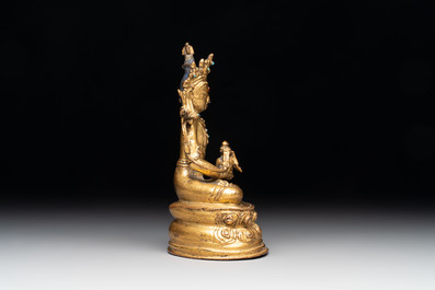 A Sino-Tibetan coral and turquoise-inlaid gilt-bronze Buddha Amitayus, 18th C.