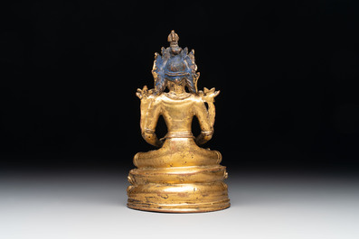 A Sino-Tibetan coral and turquoise-inlaid gilt-bronze Buddha Amitayus, 18th C.