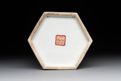 A Chinese famille rose hexagonal hat stand with narrative design, Tongzhi mark and of the period