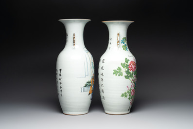 Two Chinese famille rose vases and a hexagonal hat stand, signed Qun Yi Hua Guan 群益畫館, Li Quanchang 李詮昌 and Cai Yun Xuan 彩雲軒, 19/20th C.