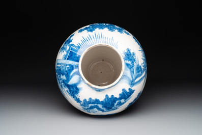 A large blue and white Dutch Delft chinoiserie baluster vase in Transitional style, 2nd half 17th C.