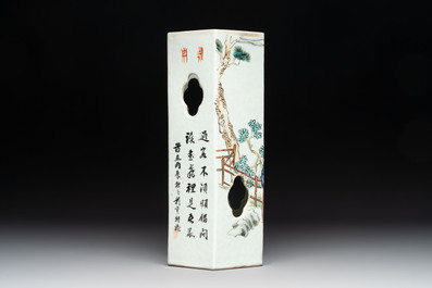 Two Chinese famille rose vases and a hexagonal hat stand, signed Qun Yi Hua Guan 群益畫館, Li Quanchang 李詮昌 and Cai Yun Xuan 彩雲軒, 19/20th C.
