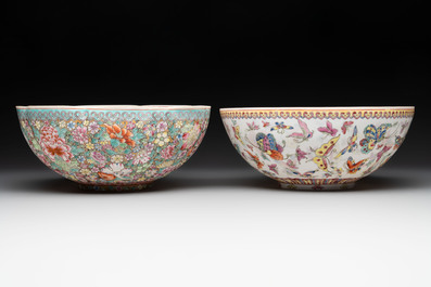 A Chinese coral red-ground vase, a famille rose eggshell vase and two bowls, Qianlong mark, 20th C.