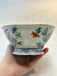 Four Chinese famille rose tazzas, one with a wooden stand, Xianfeng and Tongzhi marks, 19th C.