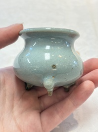 A small Chinese blue-glazed 'jun' tripod censer, Jin/Yuan