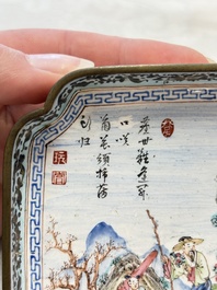 A set of four Chinese Canton enamel square saucers with figural design, Shang Xin 賞心 mark, Yongzheng/Qianlong